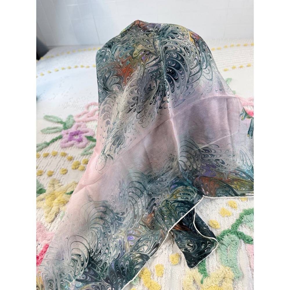 Vintage 100% Silk Scarf Hand Rolled Made in Japan Pink Green Marbled Print 31x31 - Picture 2 of 10
